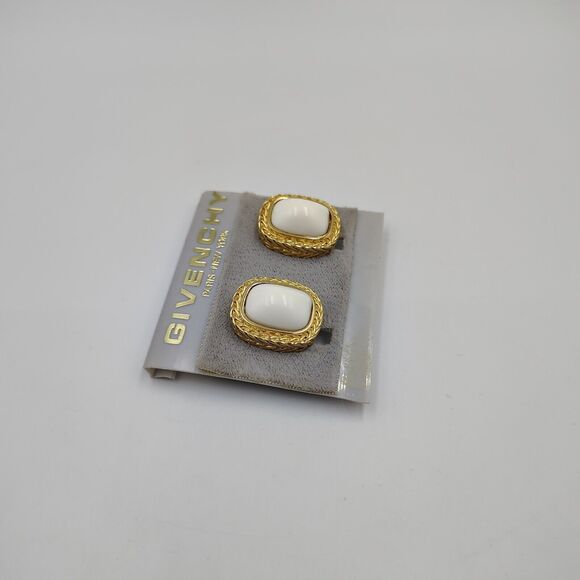 Vintage Givenchy Gold Tone White Lucite Cabochon Rectangular Clip On Earrings - Picture 3 of 16